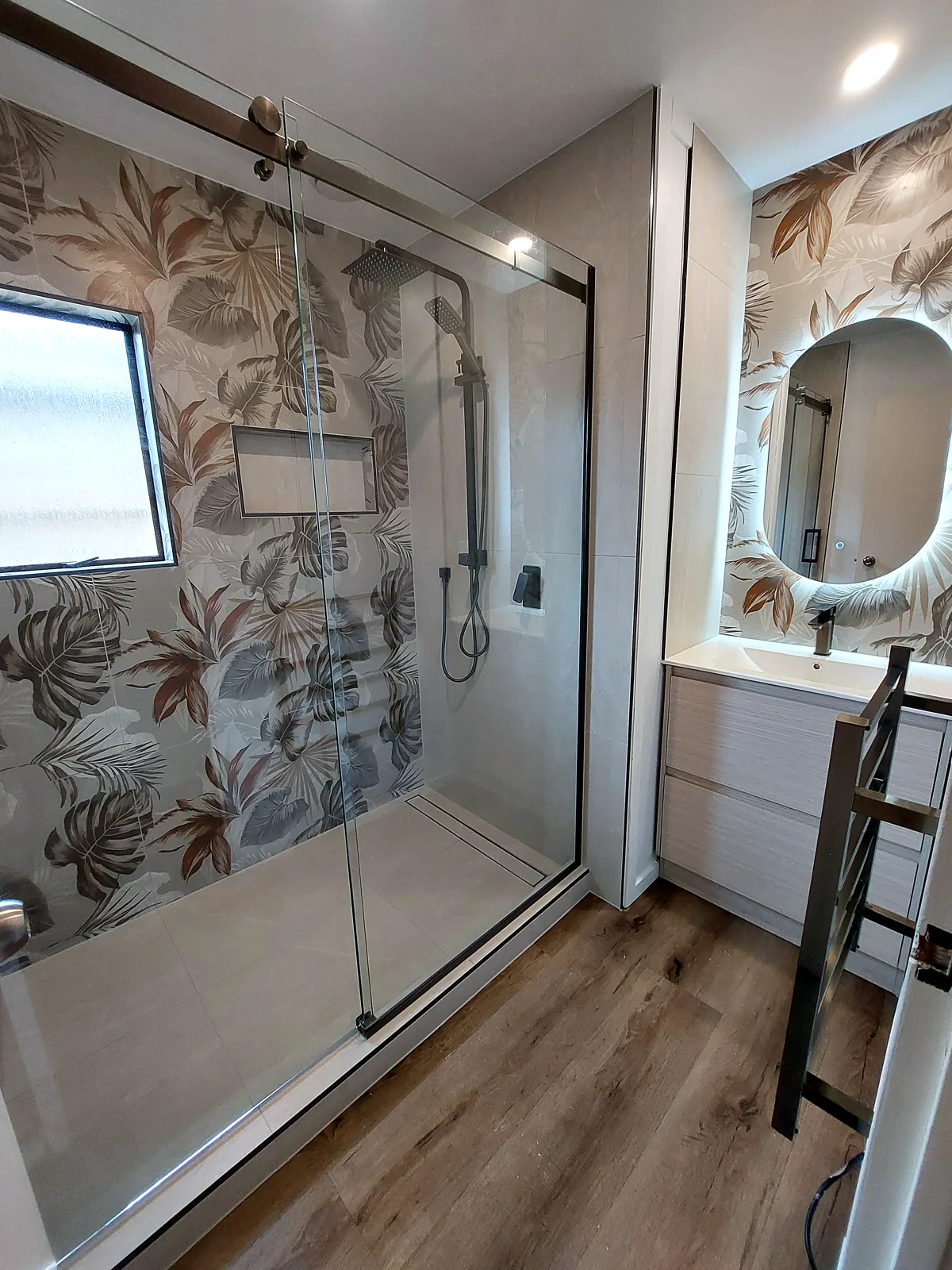 Bathroom renovation with tiled feature wall, Auckland
