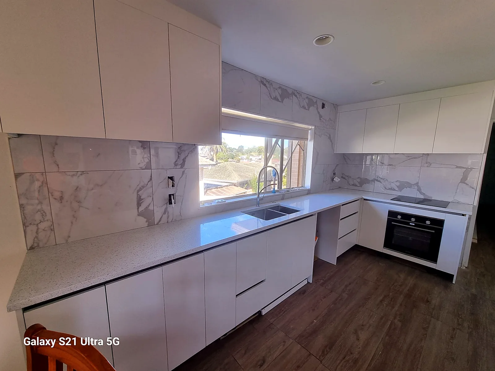 Kitchen renovation with waterfall island